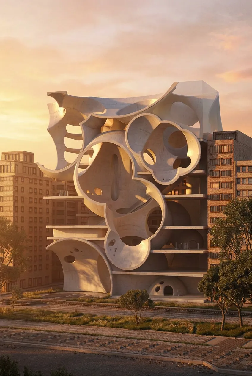 Keep the same angle, create a realistic rendering from the reference image, golden hour.