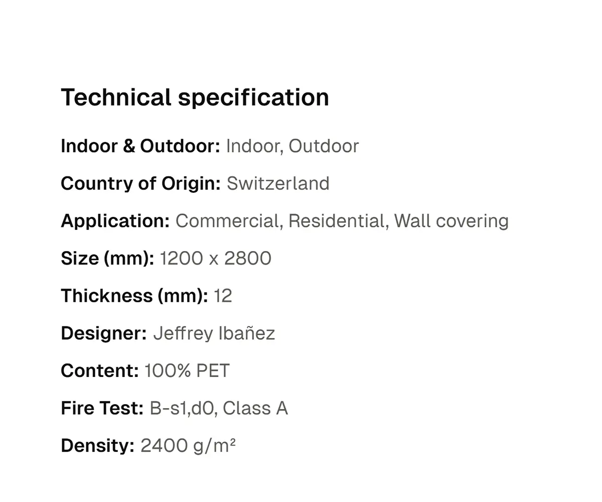 Technical specifications view in Formiq product panel
