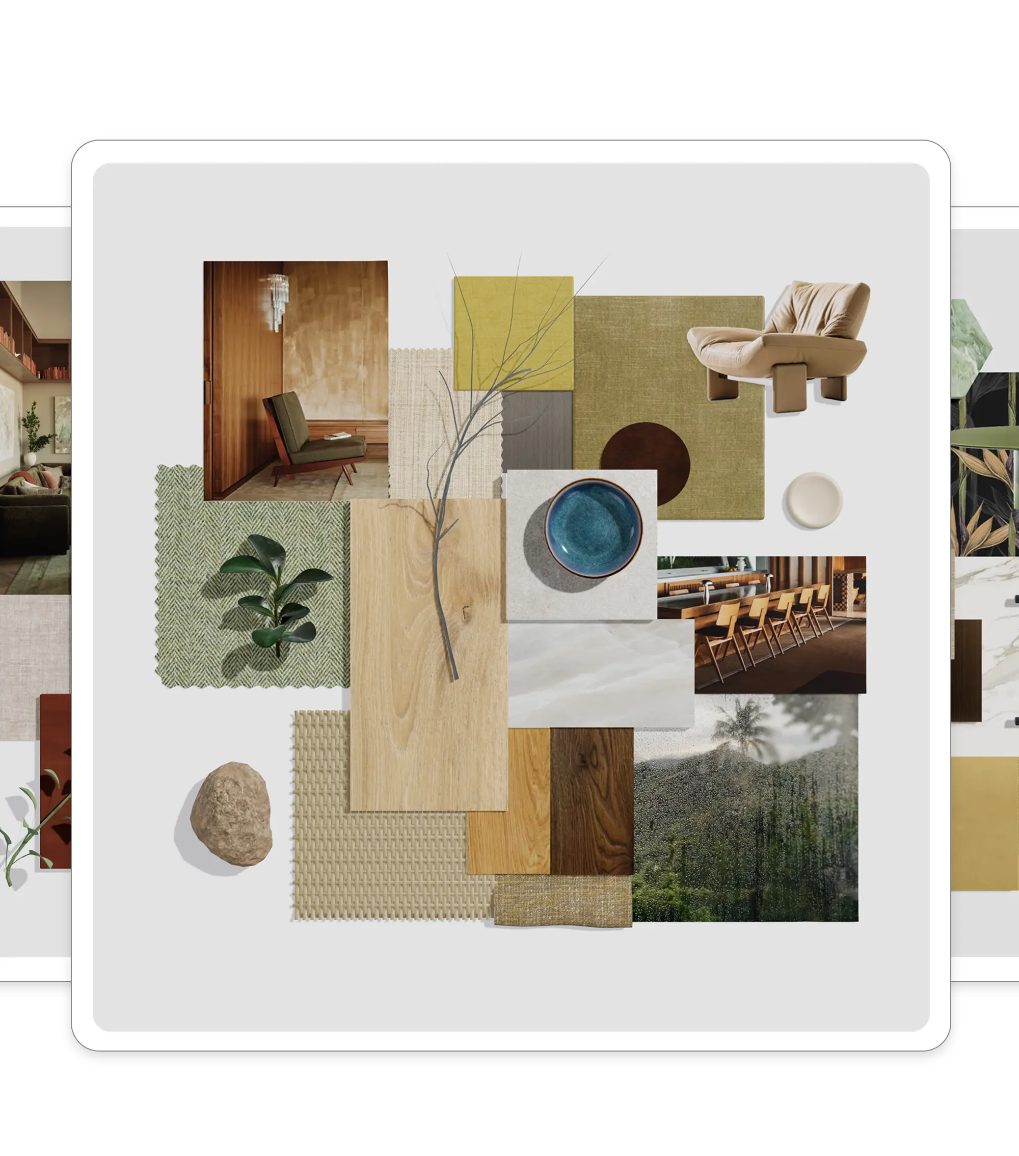 3D Material Board tool interface showing photorealistic mood board creation